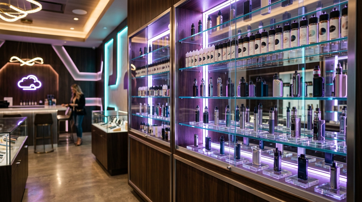 Unique display shelves at Smoke & Vape Tunnel Houston TX
